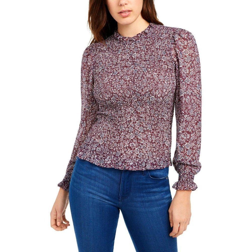 Q + A Smocked Printed Blouse  L Purple